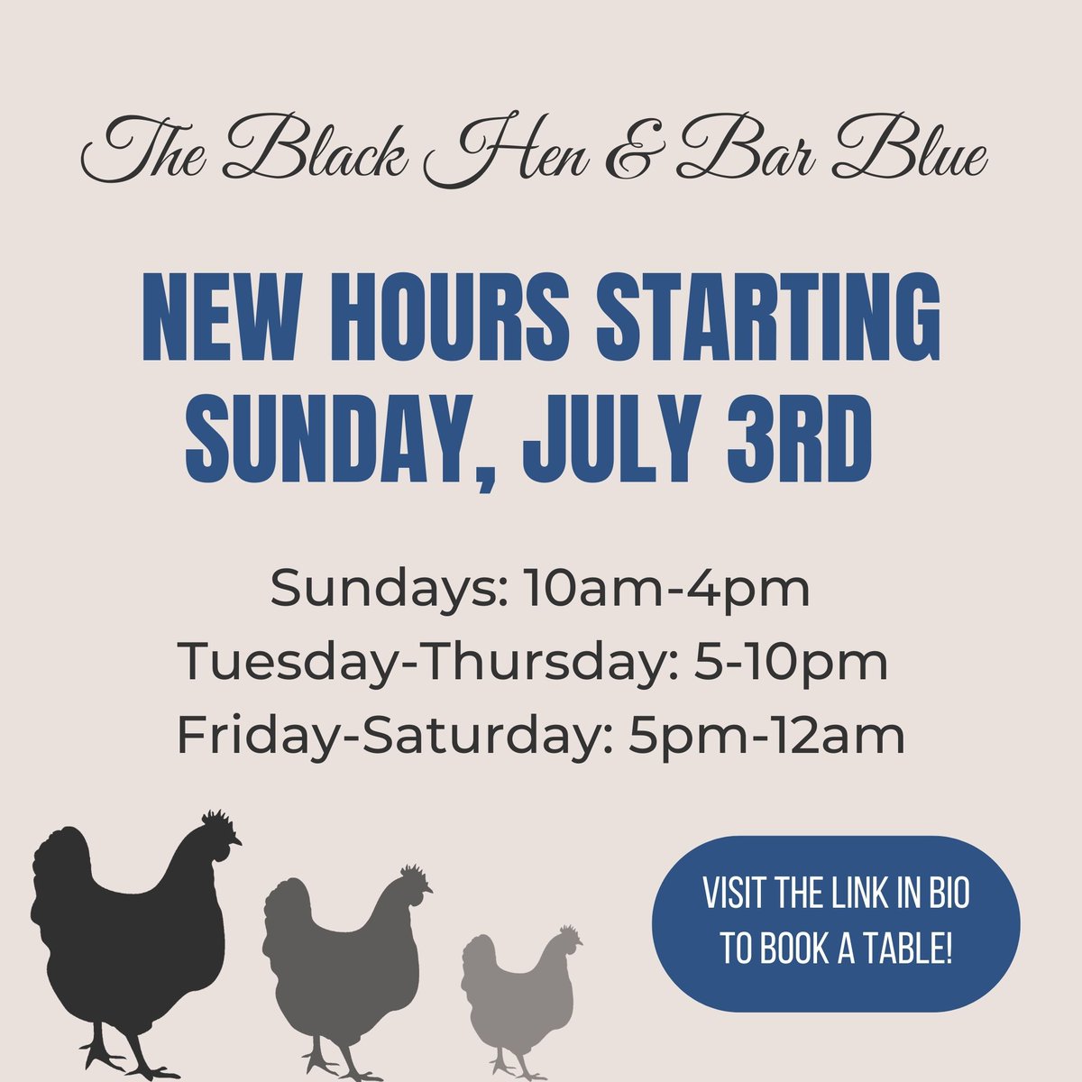 theblackhen_'s tweet photo. New hours starting July 3rd! Sunday BRUNCH is a can’t miss, visit the link in bio to book your table!

In the meantime, we will be closed for lunch, please join us for dinner Tuesday-Saturday! https://t.co/U4Hxmqd28W