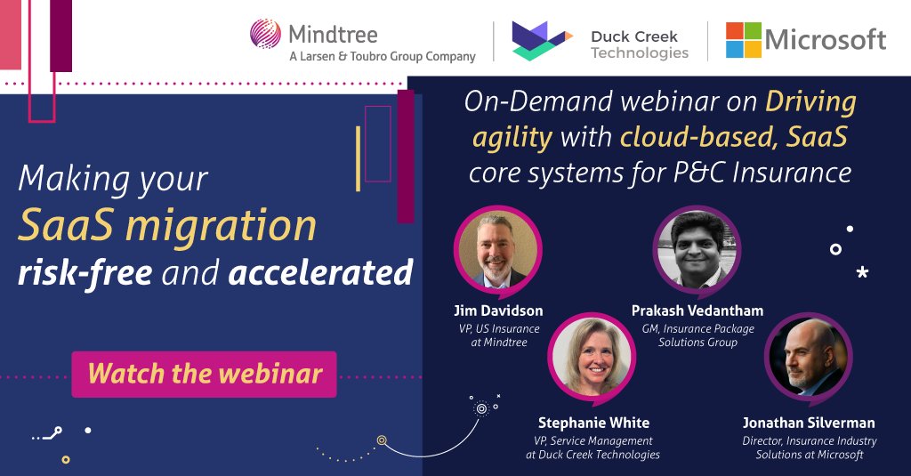 Mindtree_Ltd's tweet photo. Replay Mindtree's Webinar: Driving Agility With Cloud-Based, SaaS Core Systems For P&C Insurance. Hear industry leaders discuss strategies to improve customer experience and streamline the SaaS migration journey. https://t.co/ZwcLhR7FCt
#SaasMigration #InsurTech #propertycasualty https://t.co/MNnTi9pWl3