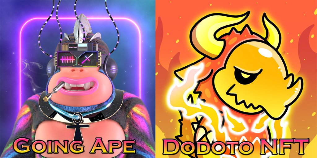 🔥GoingApe NFT X Dodoto NFT 🔥

#NFTGiveaway
🎁5x Whitelist Spots for GoingApe NFT
🎁5x Whitelist Spots for Dodoto NFT

1⃣Follow <a href="/GoingApe_io/">GoingApe NFT</a> &amp; <a href="/DodotoNFT/">Dodoto</a>
2⃣RT + Like
3⃣Tag 3 friends

Winners will be announced in 48 Hours⏳

#NFT #NFTCommmunity #NFTGiveaways