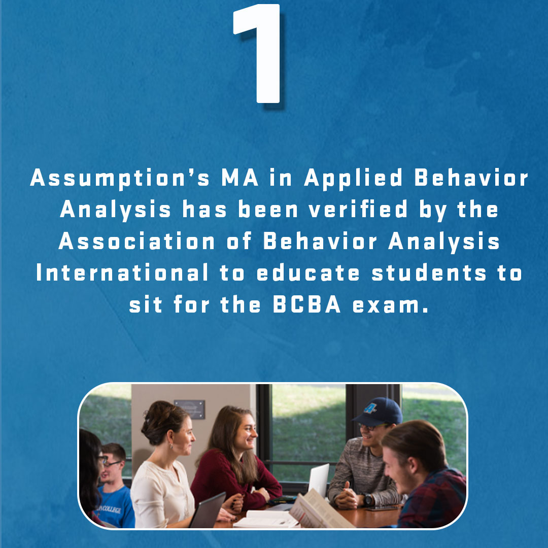 AssumptionUMA's tweet image. Nearly 80 percent of Assumption Applied Behavior Analysis program graduates passed their BCBA exam in 2020 to become eligible to become a Board Certified Behavior Analyst (national average 66 percent). 

MORE: assumption.edu/graduate/appli…
#assumptionuniversity #ABAProgram #HoundNation