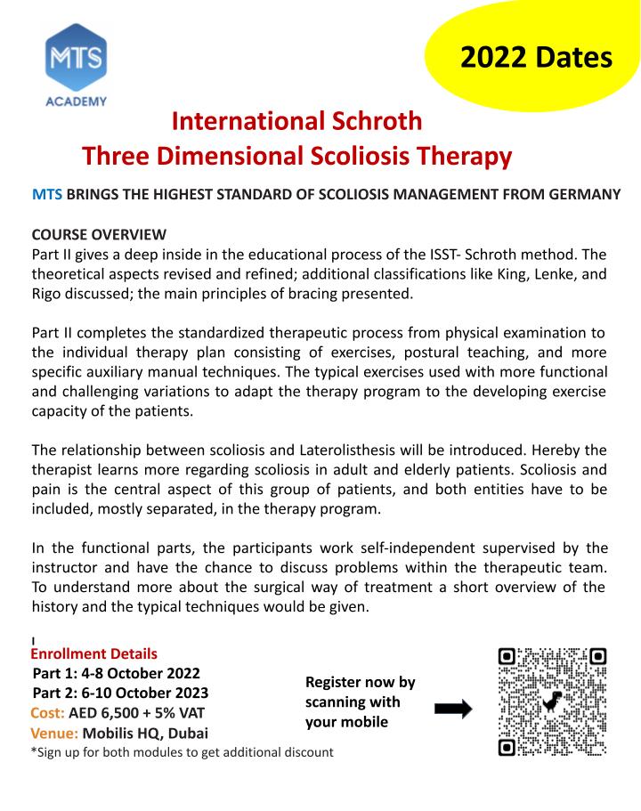 mts_dubai's tweet photo. Looking to specialised in the rehabilitation of spinal deformities? Come join our international accredited ISST schroth therapy program from 4-8 Oct in Dubai to learn the best care in conservative management of scoliosis and related spine deformities. Early bird ending 4th July! https://t.co/JNtVDrVGuB