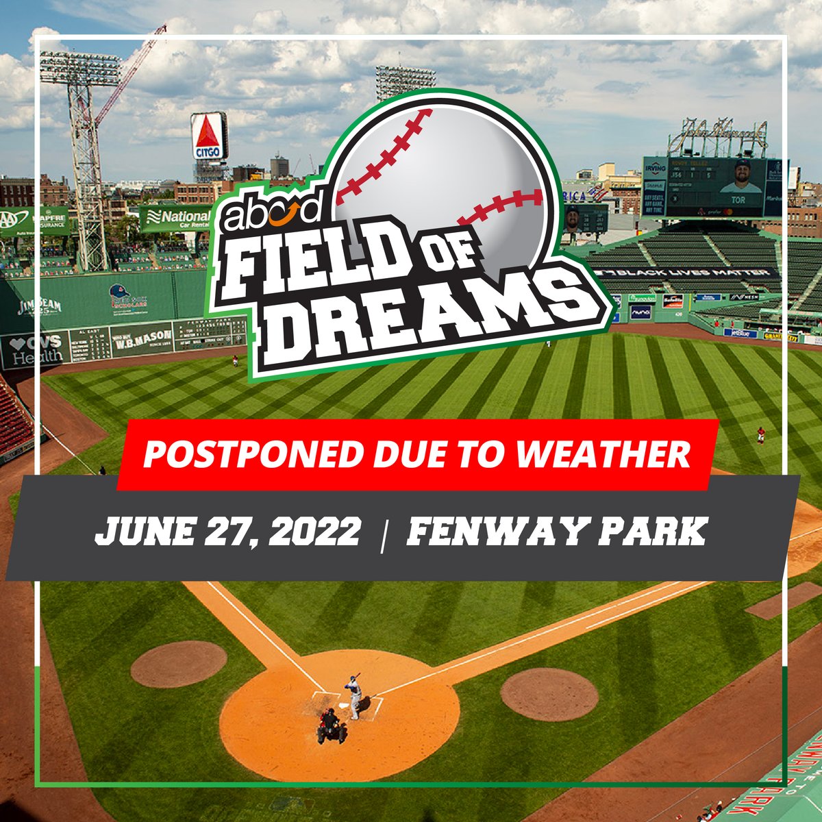 BostonABCD's tweet photo. Due to inclement weather, this year's Field of Dreams event is postponed until further notice. Stay tuned for more info!  #ABCDFieldofDreams https://t.co/OOF3YeMEhu