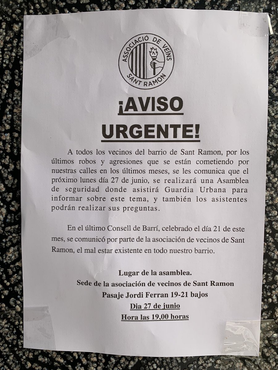 Desde hace un mes y medio los vecinos de Sant Ramon Les Corts estábamos convocados para esta reunión. Hoy sorprendentemente la Guardia Urbana ha avisado que no podía venir!! Eso es lo que les importamos! Indignante <a href="/AdaColau/">Ada Colau 💜🌈🔻</a> <a href="/GUBBarcelona/">Guàrdia Urbana Barcelona</a>