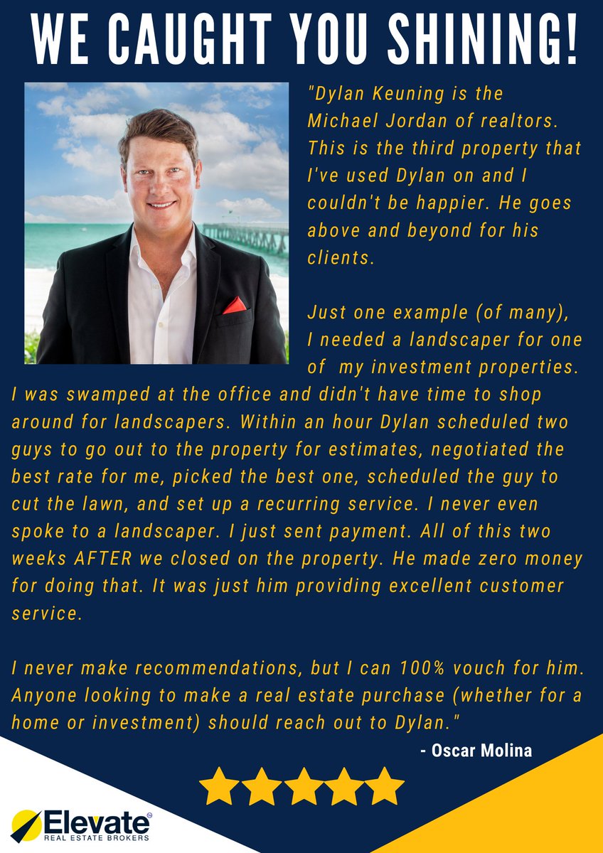 ElevateBrokers's tweet photo. We Caught You Shining, Dylan Keuning! Huge congrats to one of our Awesome #Elevate Team Leaders, Dylan Keuning! Your client has nothing but all praises as to how amazing you’ve been!! Here’s the rest of what they have to say. Congratulations, Dylan!! https://t.co/2Ihs8BvwoS