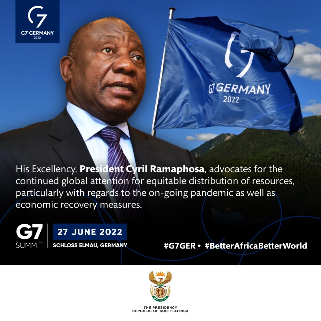 PresidencyZA's tweet photo. South Africa has been a regular invitee of the G7. His Excellency, President @CyrilRamaphosa, is given an opportunity to highlight the concerns of the country and to advocate for the continued global attention for equitable distribution of resources. 

#G7GER https://t.co/jL03Tj8GzV