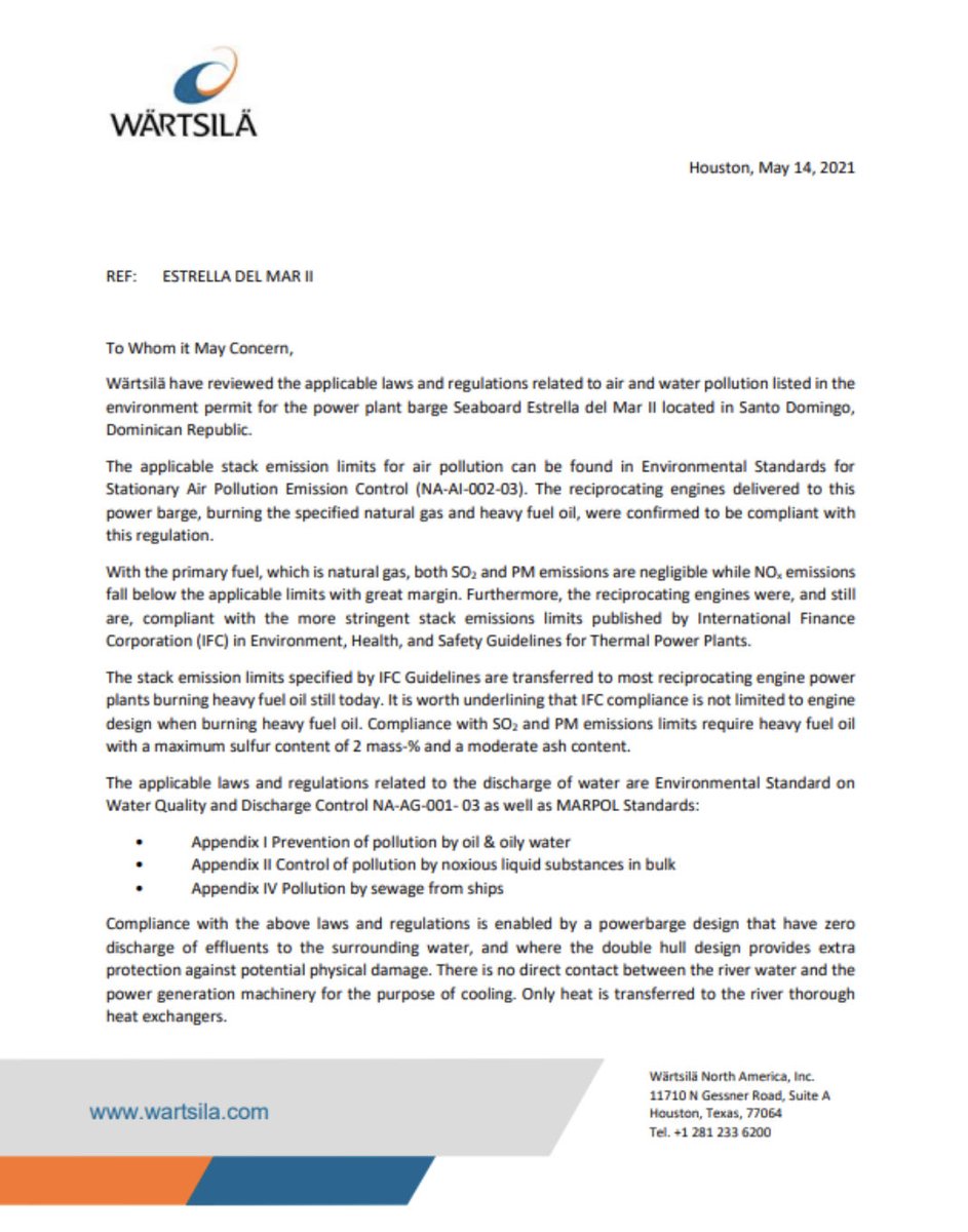 ArmandoGRodrigz's tweet image. Esta carta de certificación, cuya traducción hemos incluido, de Wärtsilä, el fabricante de Estrella Del Mar II, presenta los datos que sustentan el cumplimiento de ésta con todas las normas locales e internacionales aplicables a su operación y lo garantiza. #RioOzama #INSAPROMA