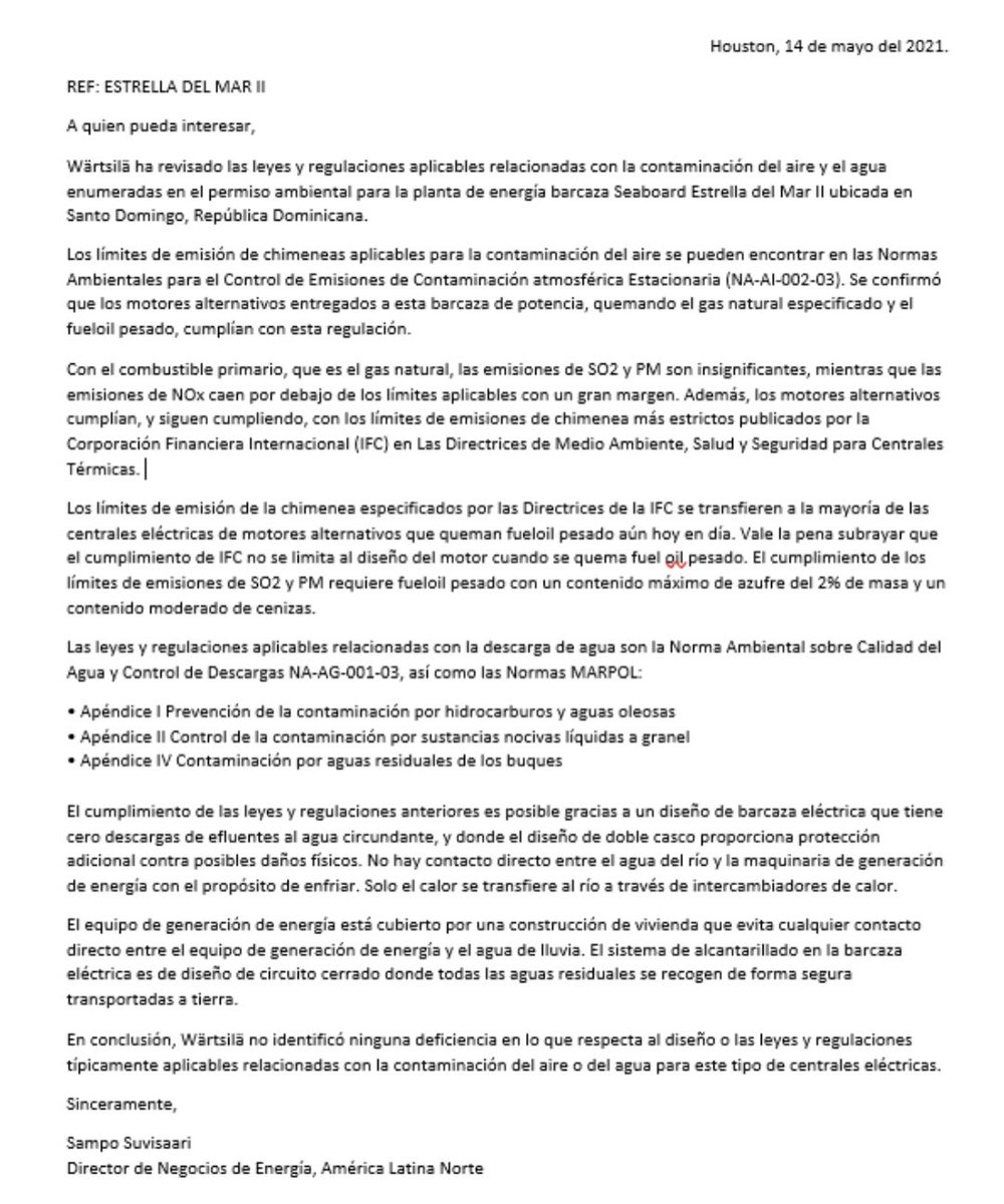ArmandoGRodrigz's tweet image. Esta carta de certificación, cuya traducción hemos incluido, de Wärtsilä, el fabricante de Estrella Del Mar II, presenta los datos que sustentan el cumplimiento de ésta con todas las normas locales e internacionales aplicables a su operación y lo garantiza. #RioOzama #INSAPROMA