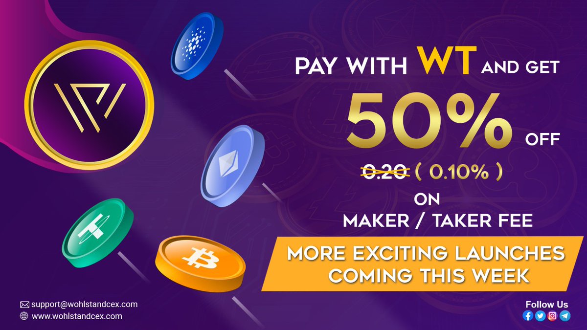 WOHLSTANDCEX's tweet photo. 📢Buckle up for the mega discount! Pay your maker/taker fee on WT and get a 50 % discount.🔥
We are waiting. Are you coming?
#CryptoNews #cryptocurrencies #WT https://t.co/AeyqUYiBGh