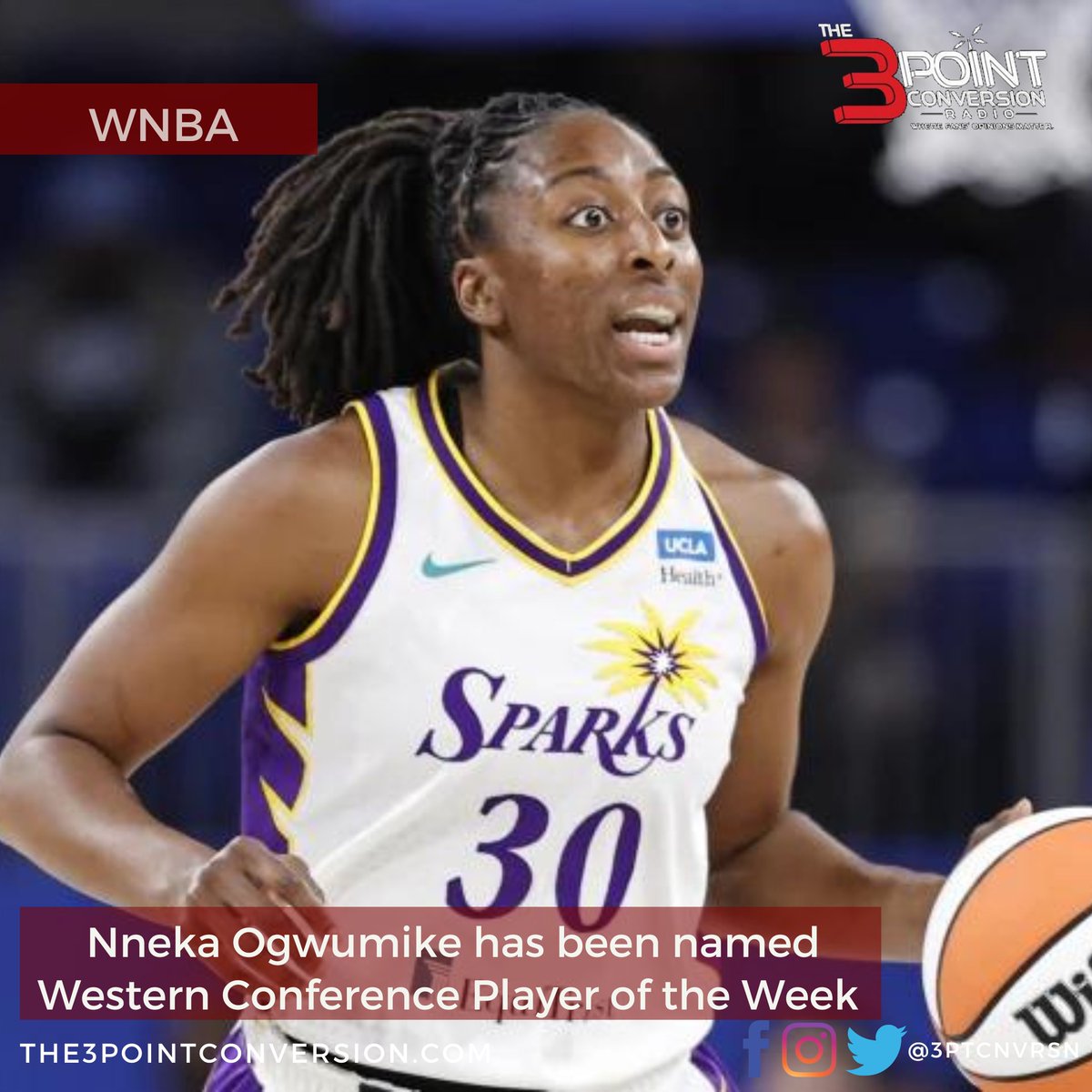 3ptCnvrsn's tweet photo. Los Angeles Sparks forward Nneka Ogwumike has been named Western Conference Player of the Week. She averged 20.0 ppg, 4.7 rpg and 2.3 bpg.
#WNBA #RootedInLA #3ptcnvrsn https://t.co/rUUXYfHKpf