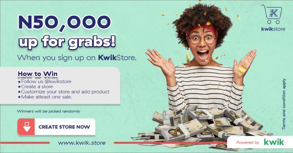 AfricancelebMAG's tweet photo. Stay on the kwikest route to becoming an online seller with @getkwikstore.
Start anywhere. Create a store, upload products, make at least one sale and stand a chance to win N50k.
Don't sleep on this! Create your own store at https://t.co/2TnsWxm9hs
#GetKwikStore #KwikStore https://t.co/vdmYOUbksc