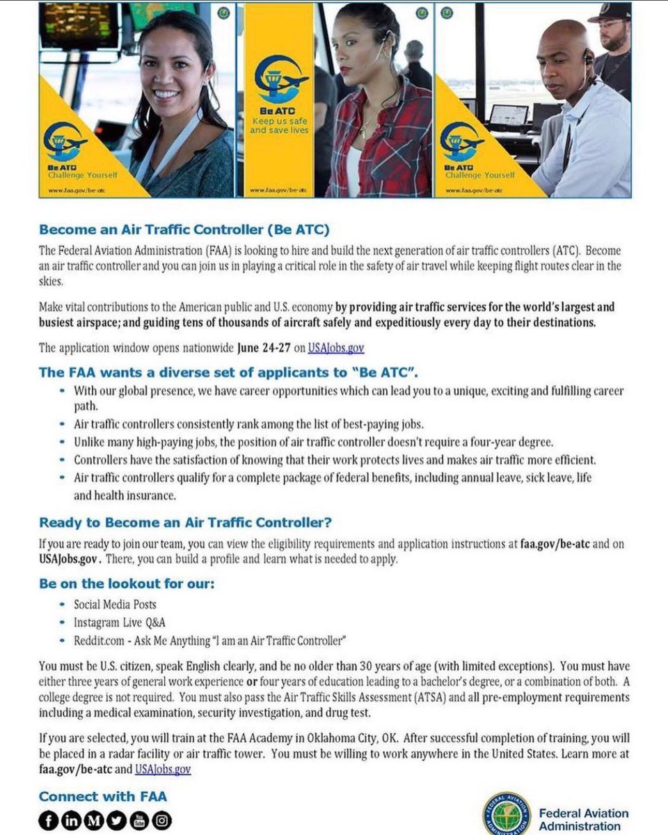 drcarterf's tweet photo. OPEN POSITIONS NOW!!! No Degree Needed! 
•
Last chance to #BeATC. Apply before midnight tonight! Air traffic controllers maintain the safety of the airspace 24/7. It’s a rewarding career where you can save lives and make a difference. Interested? https://t.co/PRubPQVE60