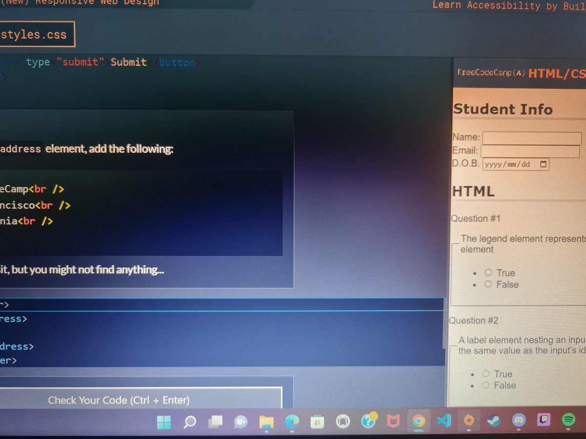 NomadCodes's tweet photo. Day 35 of #100DaysOfCode after a wee break yesterday because of all the loadshedding I came back with a vengeance today. I started by trying to make a countdown - still figuring that out and I'm finishing off the accessibility quiz on #freecodecamp https://t.co/vbXoEVtxb8