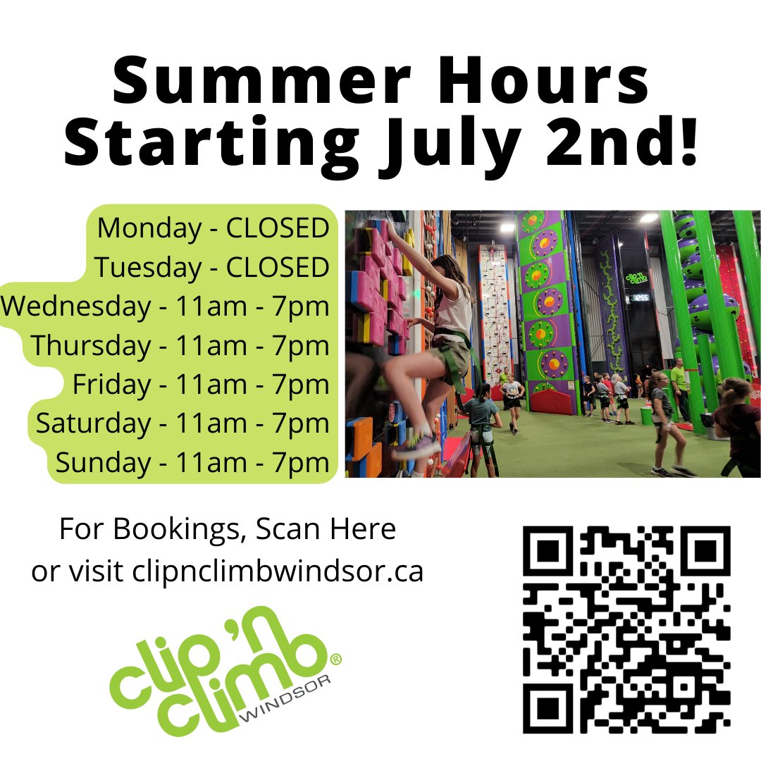 climbwindsor's tweet photo. A reminder that Clip n Climb Windsor at @CPAWindsor  is closed from Monday to Friday this week for maintenance. 

Starting Saturday, July 2nd, we will be starting our new summer hours!
We hope to see you back at the facility starting 11am on Saturday!
#clipnclimb #yqg #CPAwindsor https://t.co/l4IWHljHN5