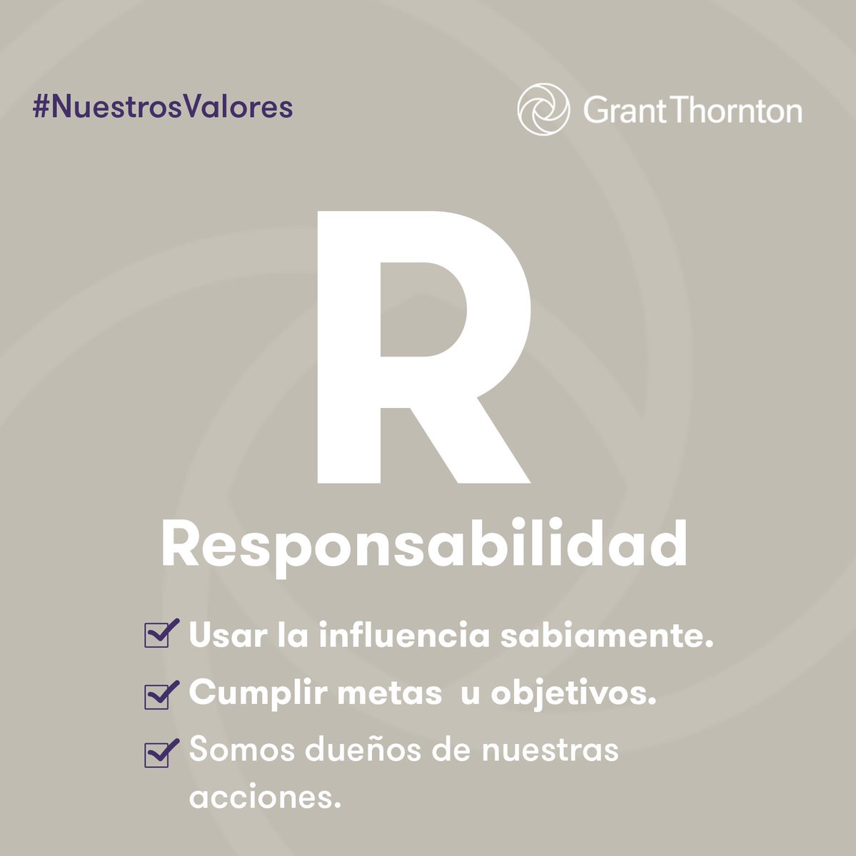 grantthorntonec's tweet photo. #ValoresGT La Responsabilidad, es dar un cumplimiento a las obligaciones y ser cuidadoso al tomar desiciones o al realizar algo #CLEARR 💜 #GrantThorntonEcuador https://t.co/p6xDvDbTmn