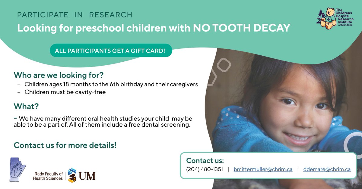Healthy Smile Happy Child is looking for preschool children with no tooth decay to participate in research.

All participants will receive a free dental screening and gift card.

Click the banner for further details.

<a href="/umanitoba/">University of Manitoba</a> <a href="/UM_RadyFHS/">U of M Rady Faculty</a> 

#babyteethmatter
