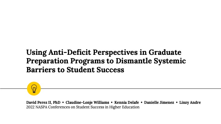 drdavidperezii's tweet photo. Come hear graduate Womyn of Color's #standpoint on #StudentSuccess in #HigherEd in Holiday 1 at 3:05 p.m.  We invite you to engage in dialogue with us about using #AntiDeficit perspectives in graduate education.  #NASPAtweets  #SSHE2022 https://t.co/0sVji7SDKZ