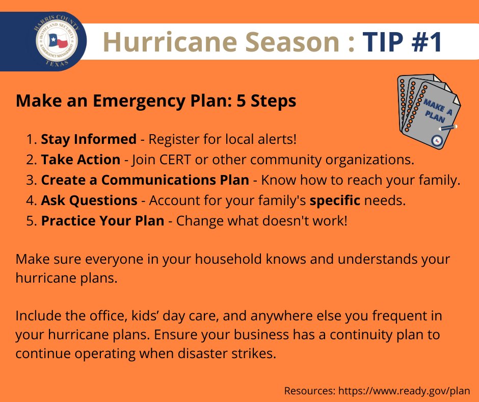 ReadyHarris's tweet photo. We are almost a full month into hurricane season, now is the time for you and your family to be prepared! Make sure to create your emergency preparedness plan and to PRACTICE that plan. A plan only works if you are informed and #ReadyAroundTheClock. Visit: https://t.co/MvS5A2mbW1 https://t.co/oRiWxSAimv
