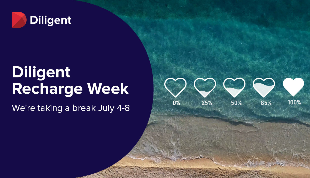 Diligent Recharge Week is happening July 4-8, where my colleagues and I will be out of the office on a company-wide break. I'm thrilled to work in an environment where mental health and wellness are prioritized, and I can't wait to take advantage of the opportunity to recharge!