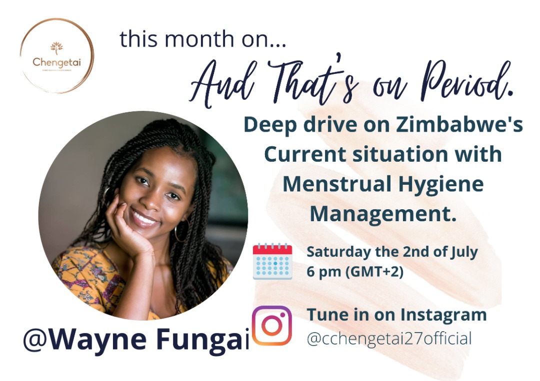 Make a date with us on  Saturday the 2nd of July @ 6pm as one of our volunteers @waynefungai  will be the guest at a live discussion hosted by @cchengetai27official 

The discussion will be a deep dive on Zimbabwe Current Situation with Menstrual Hygiene Management
