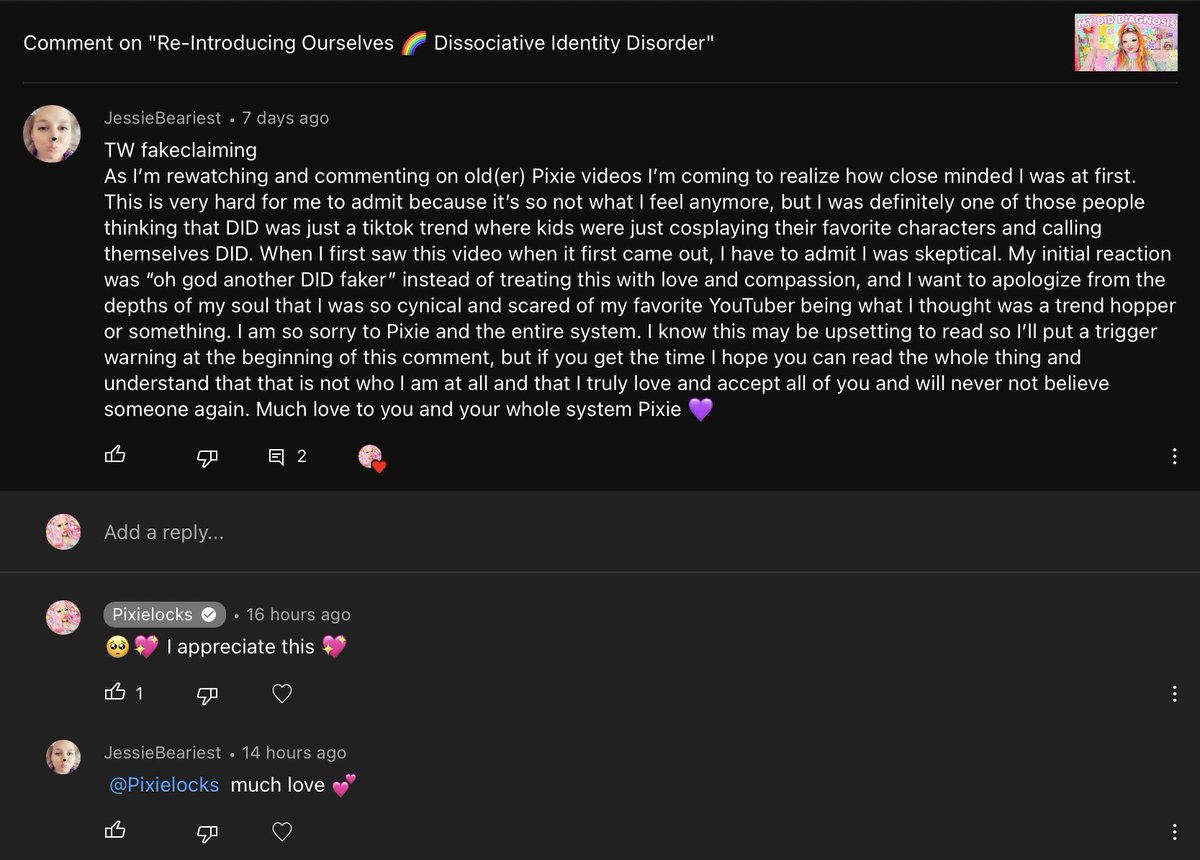 🥺 I’ve been wondering if we would get comments like this in a few years if anyone remembers saying horrible horrible things to us regarding DID, but it was surprising to get one so soon. Really appreciated this comment 🥰💖 gives us a tiny bit of hope 🌈 #dissociatwt