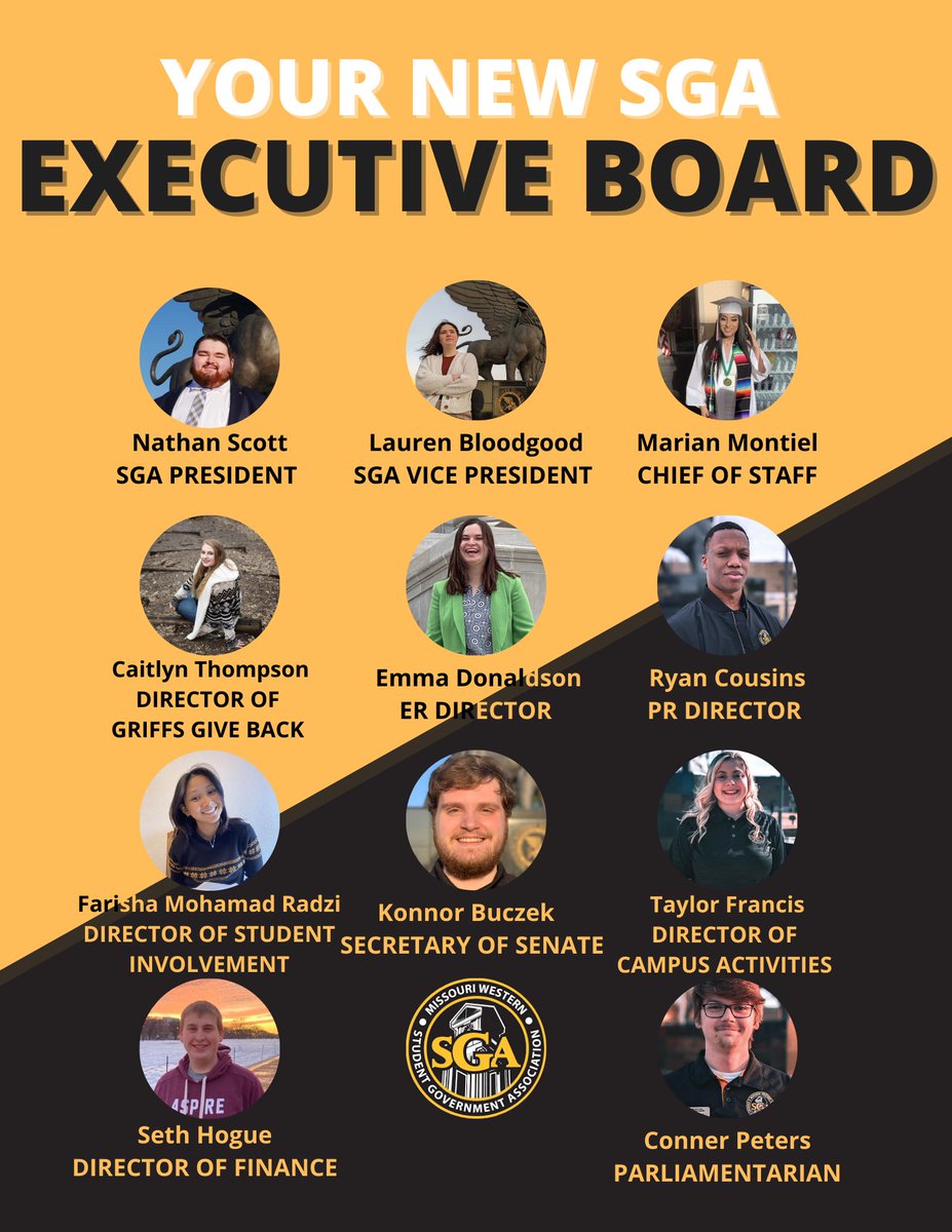 SGAMWSU's tweet image. Hello Griffs,
On behalf of the MWSU SGA we would like to introduce you to the our new⭐️EXECUTIVE BOARD⭐️!!! 
🦅🦁