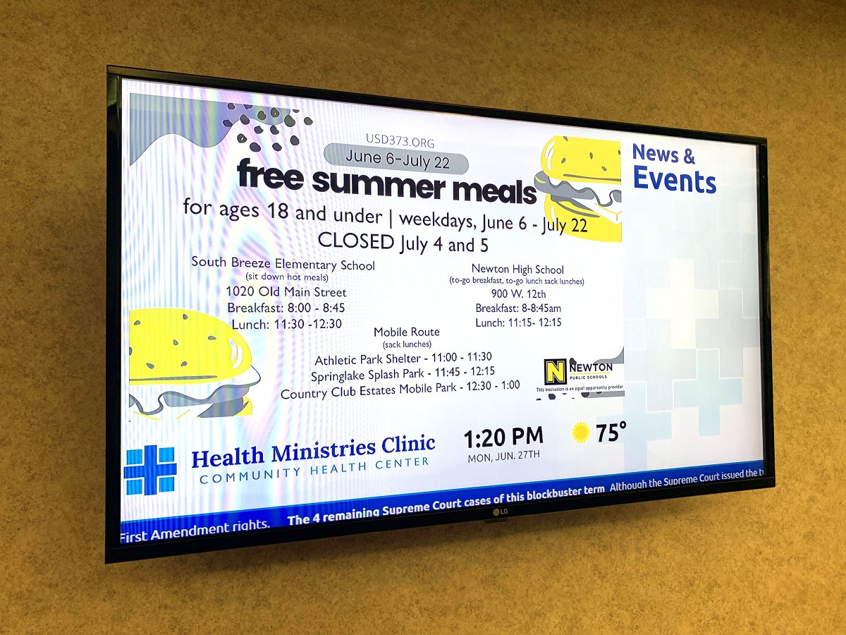 I am so thankful for community partners who help us get info to our kids and families. Today that is <a href="/HMCKansas/">Health Ministries Clinic</a> for displaying our summer meal info on their lobby screens. THANK YOU!