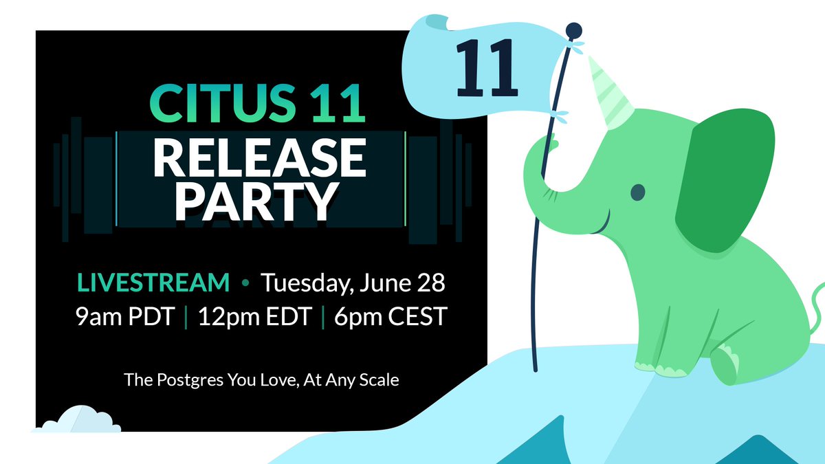 Citus Data (@citusdata) on Twitter photo Tomorrow, 6/28 @ 9am PDT, join <a href="/marcoslot/">Marco Slot</a> & <a href="/clairegiordano/">Claire Giordano ✨</a> as they host the first ever Citus release party. This is a great place for to ask questions of the engineering team. #PostgreSQL #opensource #database
Add the party to your calendar:
addevent.com/event/hb140776… Tomorrow, 6/28 @ 9am PDT, join <a href="/marcoslot/">Marco Slot</a> & <a href="/clairegiordano/">Claire Giordano ✨</a> as they host the first ever Citus release party. This is a great place for to ask questions of the engineering team. #PostgreSQL #opensource #database
Add the party to your calendar:
addevent.com/event/hb140776…