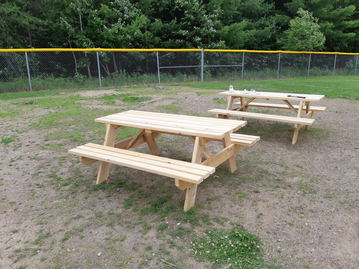 JohnArtymko's tweet photo. The first two, of four, cedar picnic tables built by my Grade 5/6 class @SFARCCDSB.  Students began the process by finding a design and making a scale model. https://t.co/623nw5AcBd
