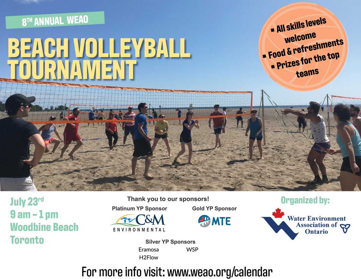 Register for our 8th Annual WEAO Beach Volleyball Tournament! The tournament will be held on Saturday, July 23rd from 9 am - 1 pm at Woodbine Beach in Toronto. 

Register here: ow.ly/XUeG50JIP8f
