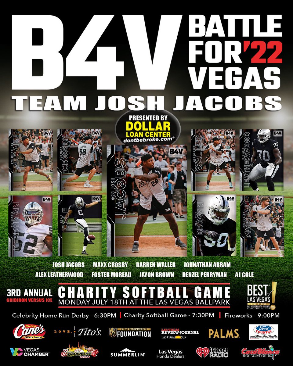 Battle For Vegas (@battleforvegas) on Twitter photo Captain <a href="/iAM_JoshJacobs/">Josh Jacobs</a> announces his roster for the #B4V22 charity softball game presented by <a href="/DontBeBroke/">Dollar Loan Center</a>.
🎟 still available - 🔗in bio. Captain <a href="/iAM_JoshJacobs/">Josh Jacobs</a> announces his roster for the #B4V22 charity softball game presented by <a href="/DontBeBroke/">Dollar Loan Center</a>.
🎟 still available - 🔗in bio.