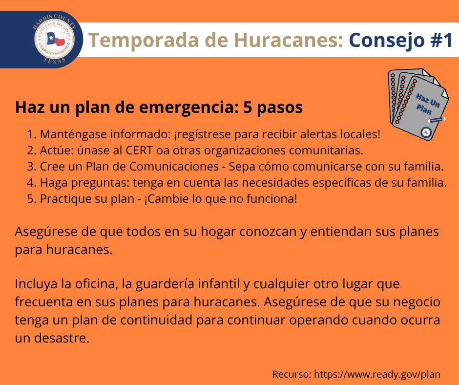 ReadyHarris's tweet photo. Estamos casi un mes completo en la temporada de huracanes, ¡ahora es el momento para que usted y su familia estén preparados! Asegúrese de crear su plan de preparación para emergencias y de PRACTICAR ese plan. Un plan solo funciona si está informado y #ReadyAroundTheClock. https://t.co/dxAZteuDng