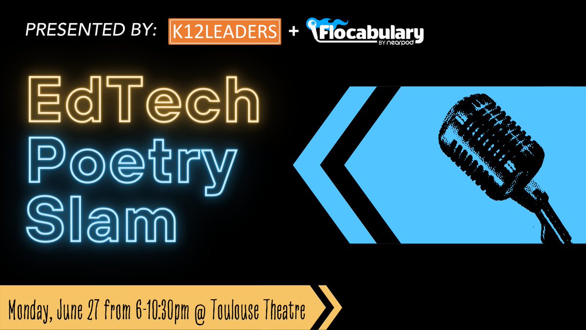 Flocabulary's tweet photo. TONIGHT! 🎤 The EdTech Poetry Slam is BACK for #ISTELive 22!

Join us &amp; @k12_leaders at 6PM for an exciting &amp; interactive night full of poetry, rap, prizes, drinks, snacks, &amp; the best energy around! 🎶🍹

Save your spot 👉 https://t.co/vBHEebZs5w

#ISTE22 #ISTE https://t.co/BLp8QhPFJy