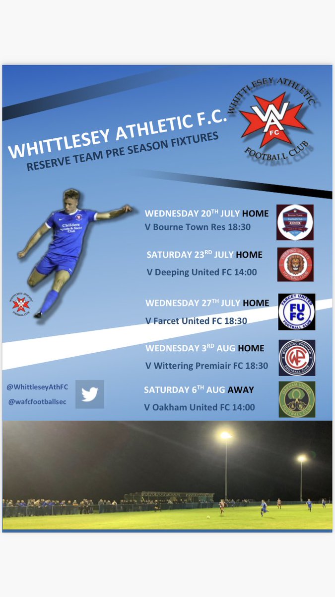 <a href="/WhittleseyAthFC/">Whittlesey Athletic</a> Reserves Pre Season schedule is up 👏 Come along and support the lads before they start the new <a href="/PDFLUK/">Peterborough & District Football League</a> Division 1 campaign on 13th August ⚫️🔵 #UpTheRes