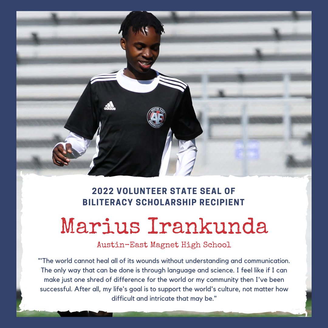 Congratulations to our 2022 Volunteer State Seal of Biliteracy $1,000 Scholarship Award Recipient Marius Irankunda of Austin-East Magnet High School! 
@tnedu <a href="/SBEd_TN/">TN State Board of Education</a> @tntesol <a href="/ut_tlc/">Tennessee Language Center</a> <a href="/EdTrustTN/">EdTrust-Tennessee</a> <a href="/TLACC/">TN Latin American Chamber of Commerce</a> <a href="/maddoxfundTN/">Maddox Fund</a> <a href="/centrohispanotn/">Centro Hispano TN</a> @TNchamber <a href="/npef/">Ming Mu</a> <a href="/ChalkbeatTN/">Chalkbeat Tennessee</a> @wpln
