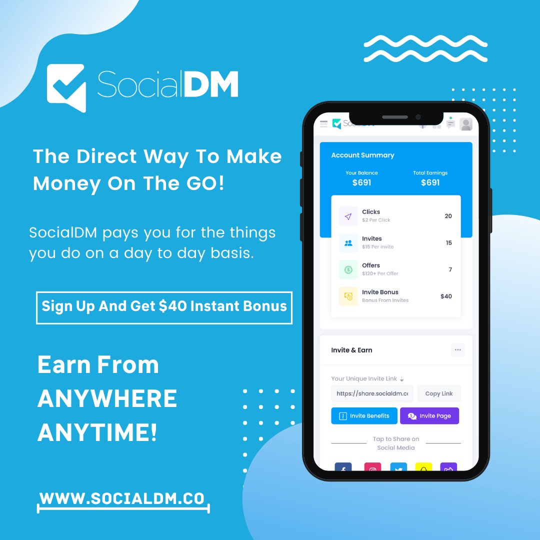 blackking33407's tweet photo. SocialDM let's you earn $500 daily. I earned $698 today! You get paid for testing apps, voicing your opinion and posting on social media. Signup now for a $40 bonus! https://t.co/4thaDdqm0d #SocialDM #jointhewave #trending https://t.co/AObuTnUWj3