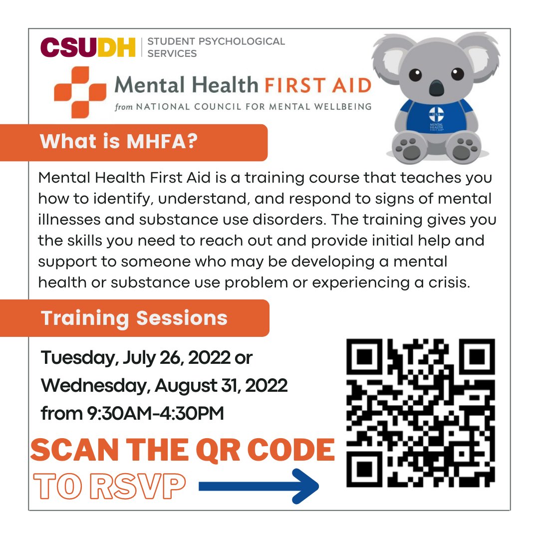 torowellness's tweet image. We are hosting two Mental Health First Aid trainings. The Mental Health First Aid training is free and open to students, staff, and faculty.
If you are interested in registering, click on the link below or scan the QR code.
RSVP by clicking on the link-forms.office.com/r/4KfX3Nwe20