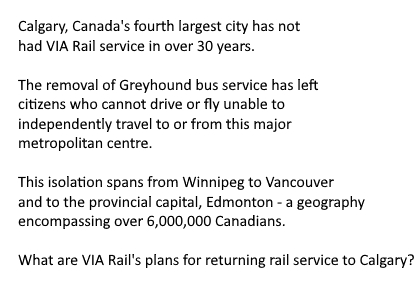 ronmcmahon's tweet photo. I just submitted my question for @VIA_Rail 2022 Annual Public Meeting, scheduled for August 9.  I wonder what the likelihood is that it will be answered. 
@CBCCalgary @CTVCalgary @calgaryherald @MichelleRempel @ChahalGeorge @Paulatics @Karen_Banff @MetisSenatorPLB @denisebatters https://t.co/cBHW0SGB8O