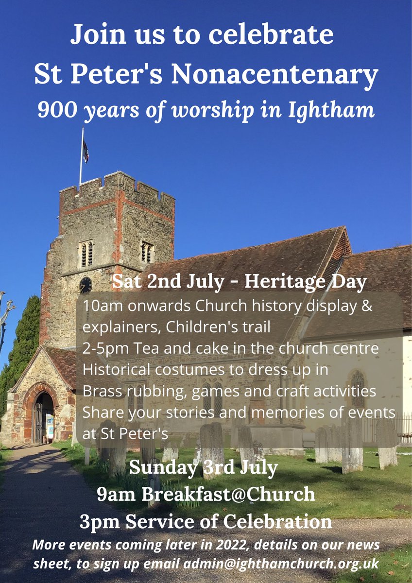 ighthamchurch's tweet image. Who's joining us this weekend as we celebrate our nonacentenary? 
900 years of worship in Ightham
You're invited: 
Sat 2nd: 10am-5pm Heritage Day activities 
Sun 3rd: 9am Breakfast@Church at 9am 
3pm Celebration Service with @BishopTonbridge followed by tea/fizz  
All are welcome