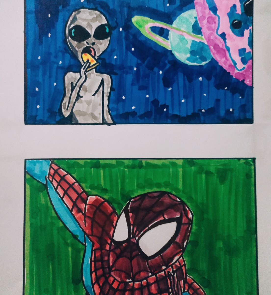 1UnknownPainter's tweet photo. Some alien inspiration.👽

#UnknownPainter #marvel #inspiration #art #picture #markers #aliens #SpiderMan #planets #pizza #like #NFTCommumity  #OpenSeaNFT  #ufotwitter https://t.co/IfOEsuH4T8