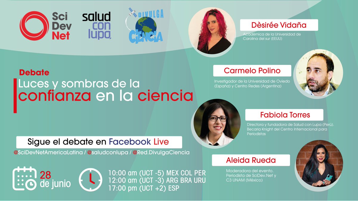 Gabiare's tweet photo. Mañana 28 de junio, especialistas compartirán experiencias y visiones sobre la confianza en la ciencia: ¿Cómo cambió a partir de COVID-19?  Agenda o activa el recordatorio 🔔 👇🏽 
https://t.co/RZzp0c0gp4
@SciDevNet_AL/ @saludconlupa / @red_divulga https://t.co/3flaaHvH1A