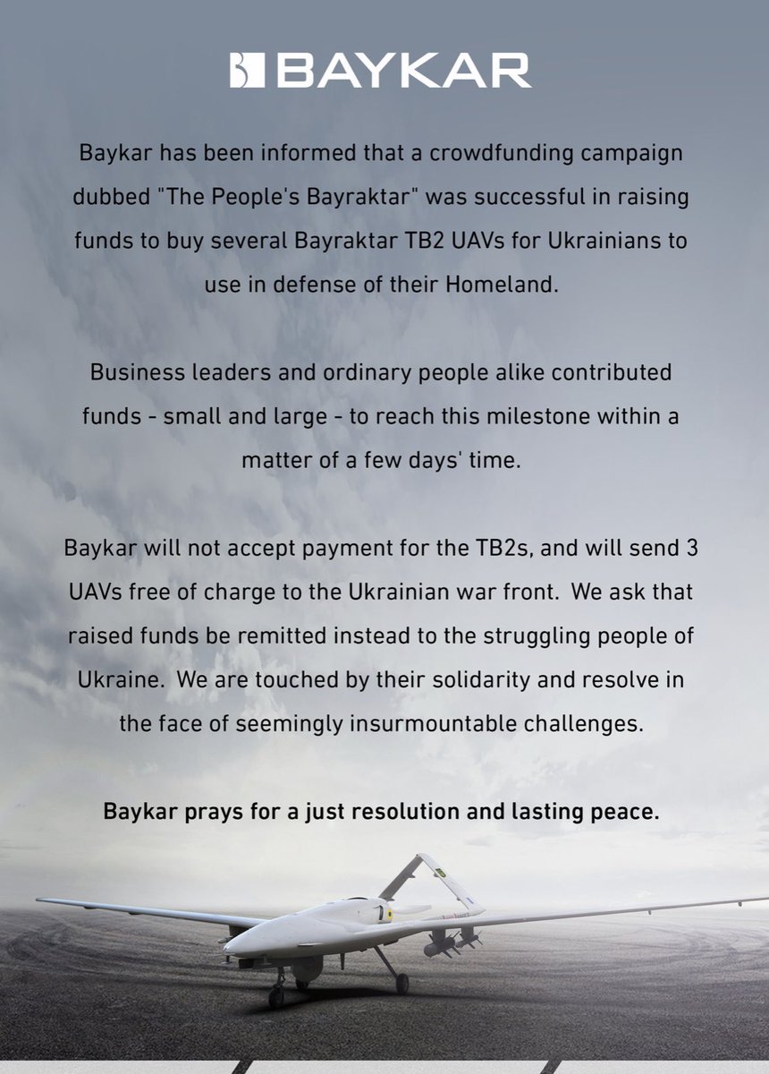 AndriusTapinas's tweet photo. Spreading the idea of gifting Bayraktars to Ukraine since…well, since May 2022.

Baykar should be nervous about other nation trying to crowdfund 10 Bayraktars. But I think there will only be two:

Ukraine - because it is their war. 
Lithuania - because we can https://t.co/yScf998bgu
