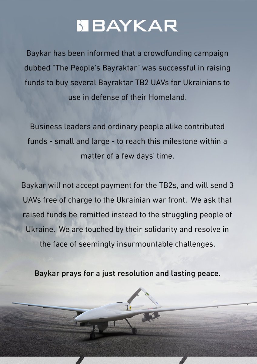 ragipsoylu's tweet photo. Turkish drone producer Baykar will send three Bayraktar TB2s armed drones to Ukraine free of charge after Ukrainian collected enough money to buy them https://t.co/O2Nphyse2k