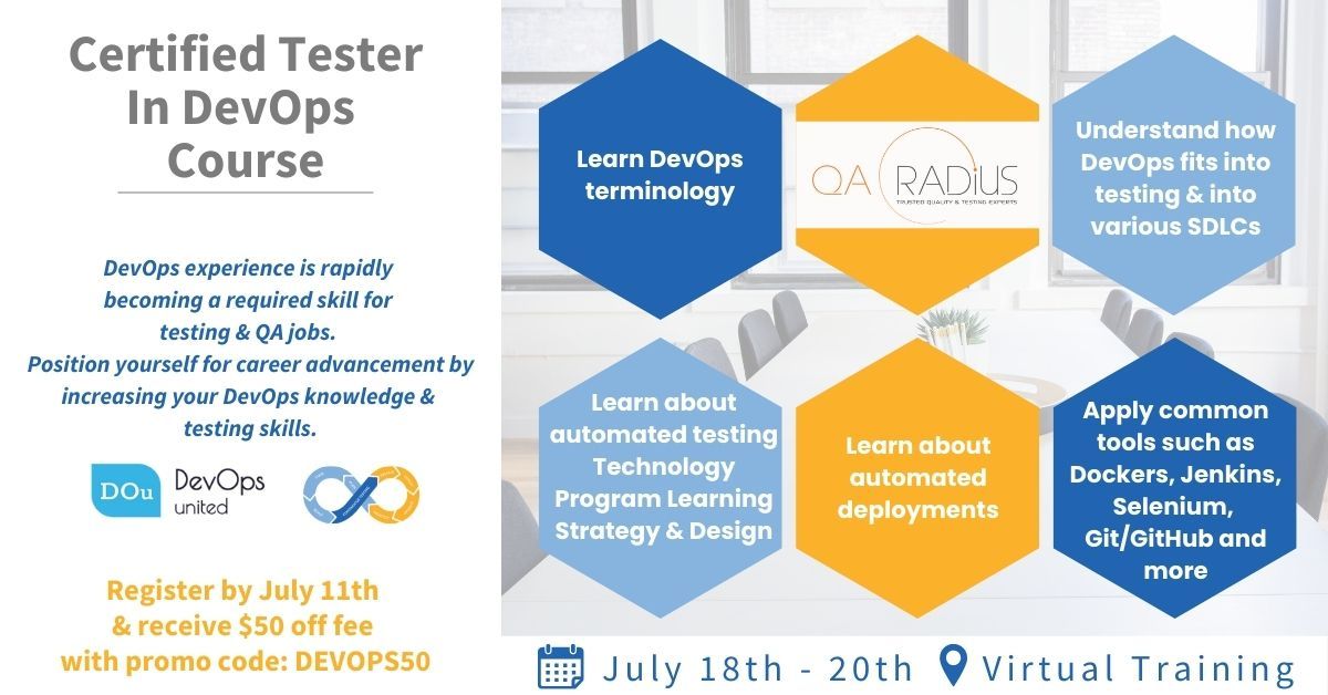 Join the 1st virtual #DevOps United - Certified Tester in #devops course administered by QA Radius and be prepared for your certification exam with <a href="/BrightestOrg/">Brightest</a>!

Registration is open now: lnkd.in/gJrZDzjB #reachyourpotential