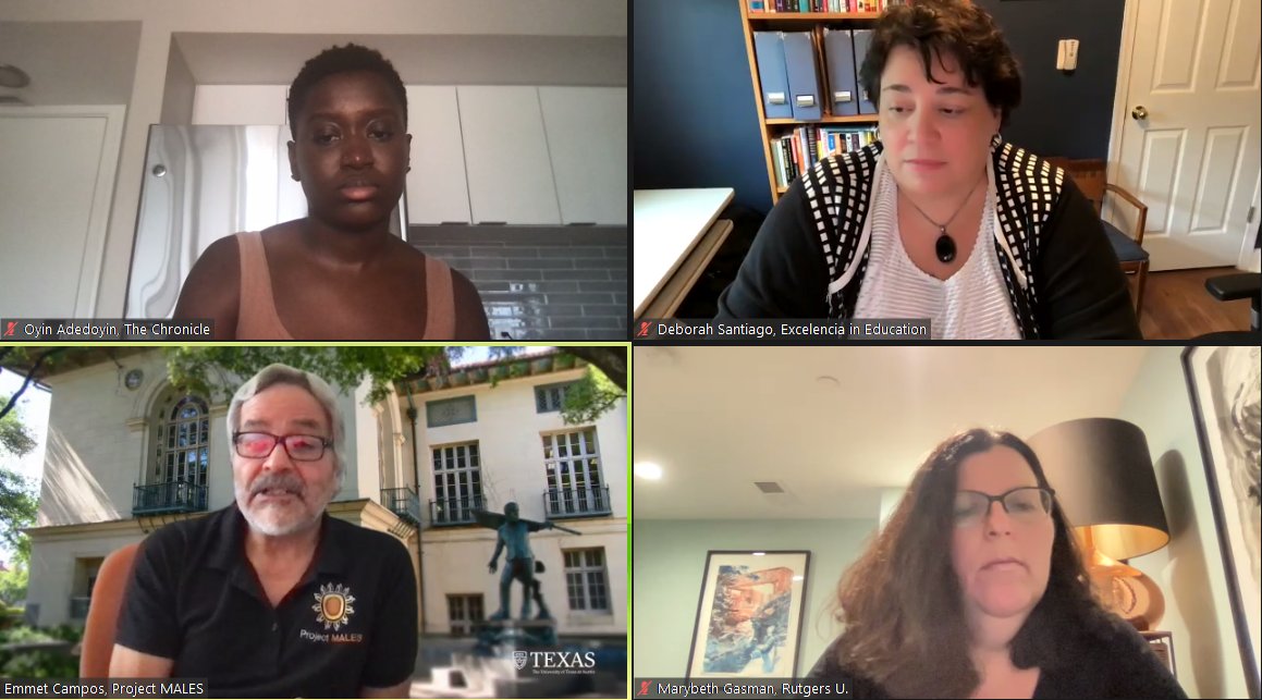 TLPBynum's tweet photo. Enjoying the virtual forum, “Encouraging Student Persistence" and hearing from @marybethgasman, Deborah Santiago (Excelencia in Education), Emmet Campos (Project MALES), and Oyin Adedoyin (The Chronicle of Higher Education). #StudentPersistence https://t.co/jClygimmhc