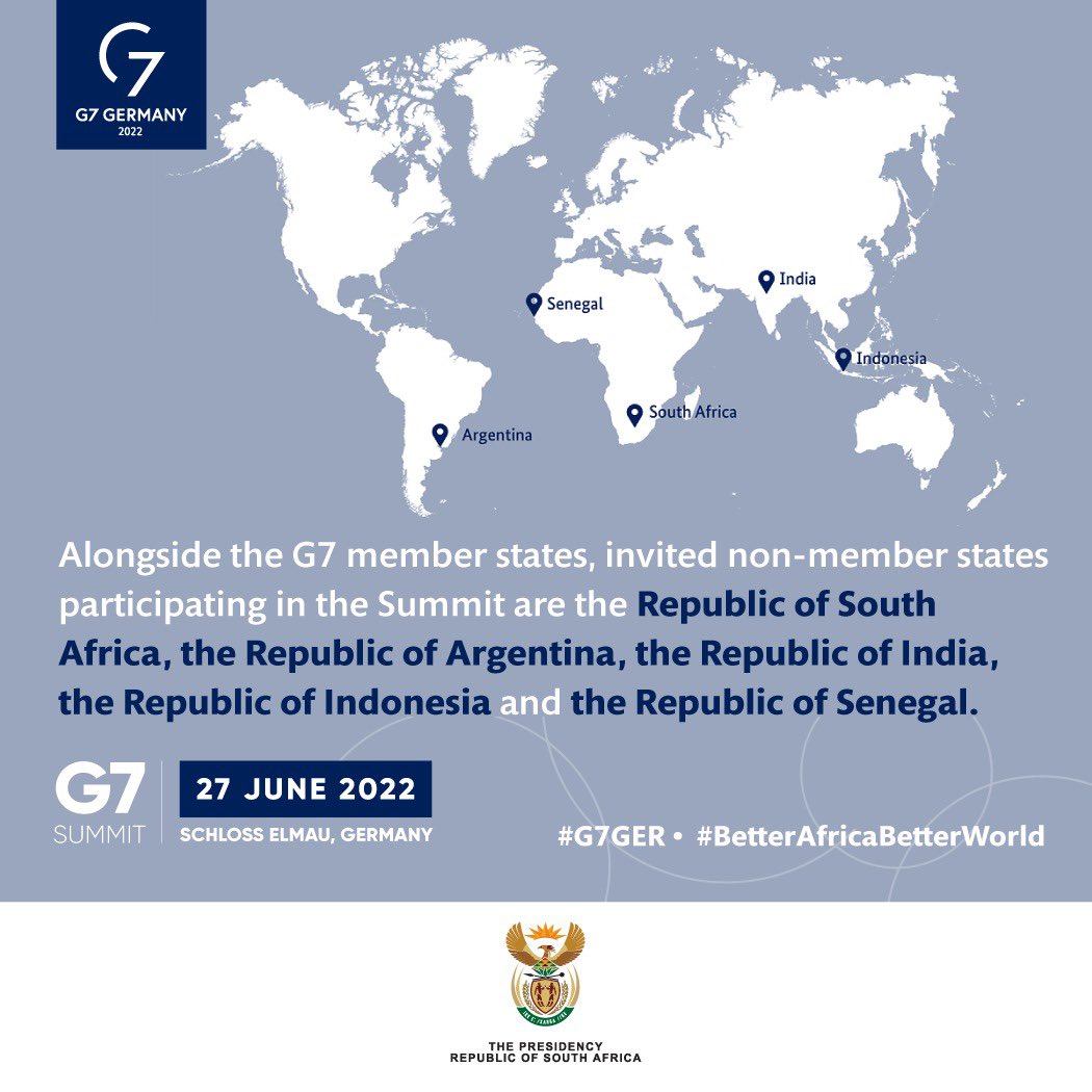 PresidencyZA's tweet photo. 🇿🇦 South Africa is one of five international partner countries invited to participate in the #G7 where key issues relating to multilateral cooperation, cohesion within and between societies, and shared challenges are addressed. #BetterAfricaBetterWorld 🌍 https://t.co/7AaBlwYxrm