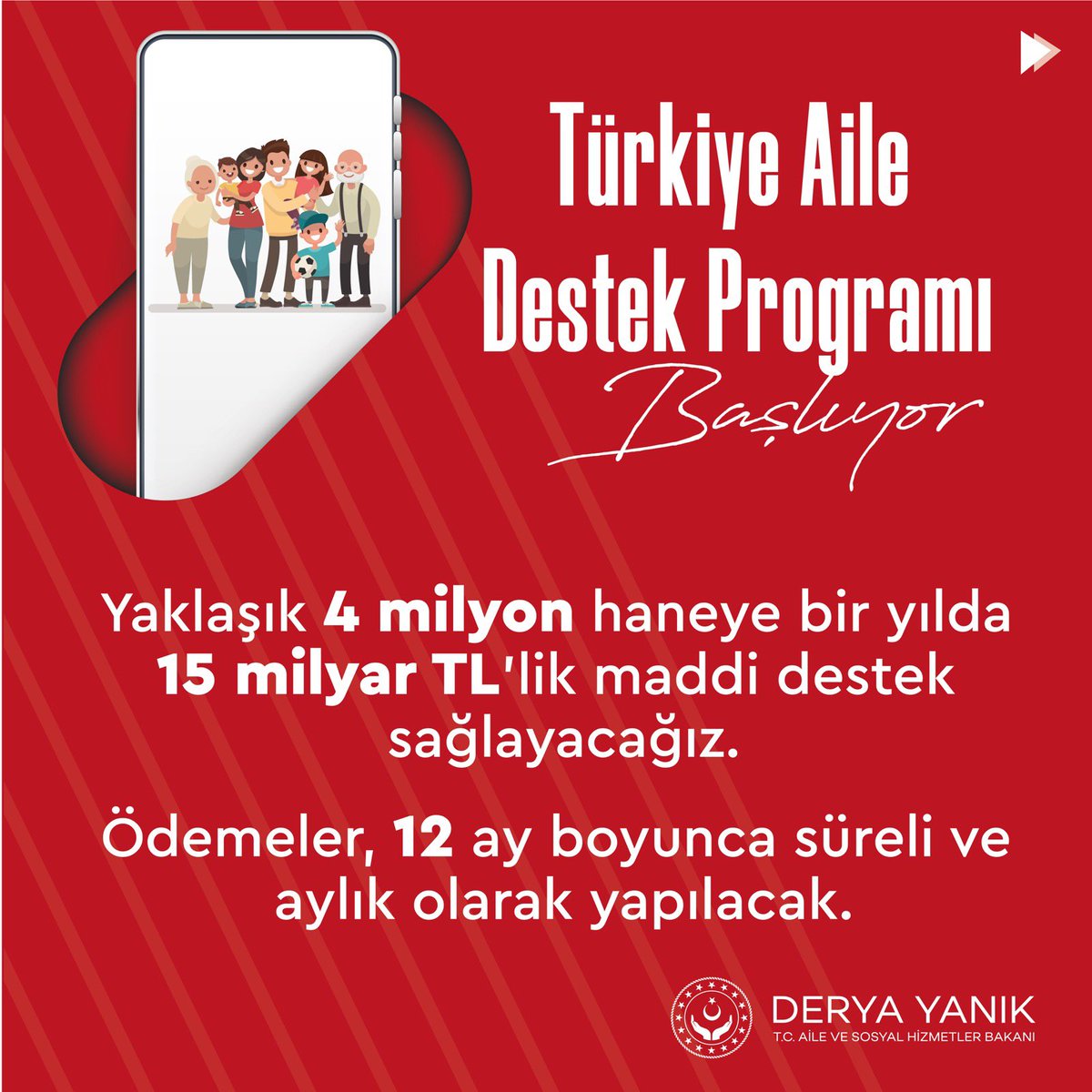 deryayanikashb's tweet photo. 12 ay süreyle ödenecek olan, gelir durumuna göre yıllık 5.400 - 7.200 TL maddi yardımdan daha önce hiç sosyal yardım almamış vatandaşlarımız da faydalanabilecek. 

Türkiye Aile Destek Programı’na başvurular başladı. 🇹🇷 https://t.co/9oBHrq25lv