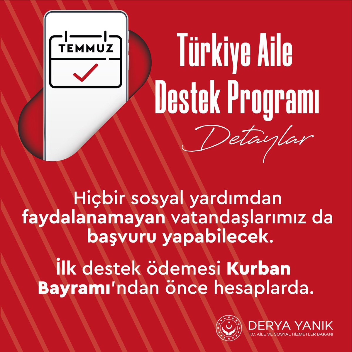deryayanikashb's tweet photo. 12 ay süreyle ödenecek olan, gelir durumuna göre yıllık 5.400 - 7.200 TL maddi yardımdan daha önce hiç sosyal yardım almamış vatandaşlarımız da faydalanabilecek. 

Türkiye Aile Destek Programı’na başvurular başladı. 🇹🇷 https://t.co/9oBHrq25lv