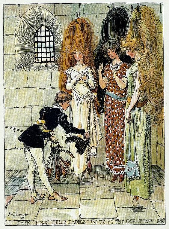 'Jack finds three Ladies tied up by the hair of their heads'
#illustration  from the 'Jack the Giant Killer'
 by Hugh Thomson, 1898

#hughthomson #jackthegiantkiller #illustration