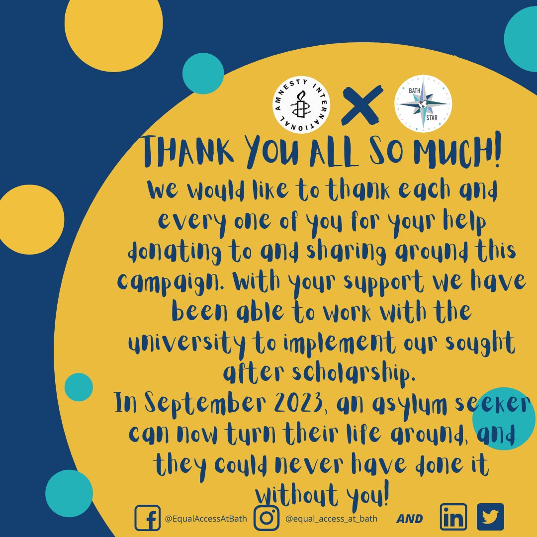 EqualAccessBath's tweet photo. Thank you so so much to everyone who shared our posts and/or donated to our Crowdfunder! The university of Bath has waivered tuition fees and introduced bursary of up to £5,000 every year for a prospective asylum seeker student.
Read more about it here: https://t.co/yLZU3uDyFh https://t.co/OqcQE8KcZH