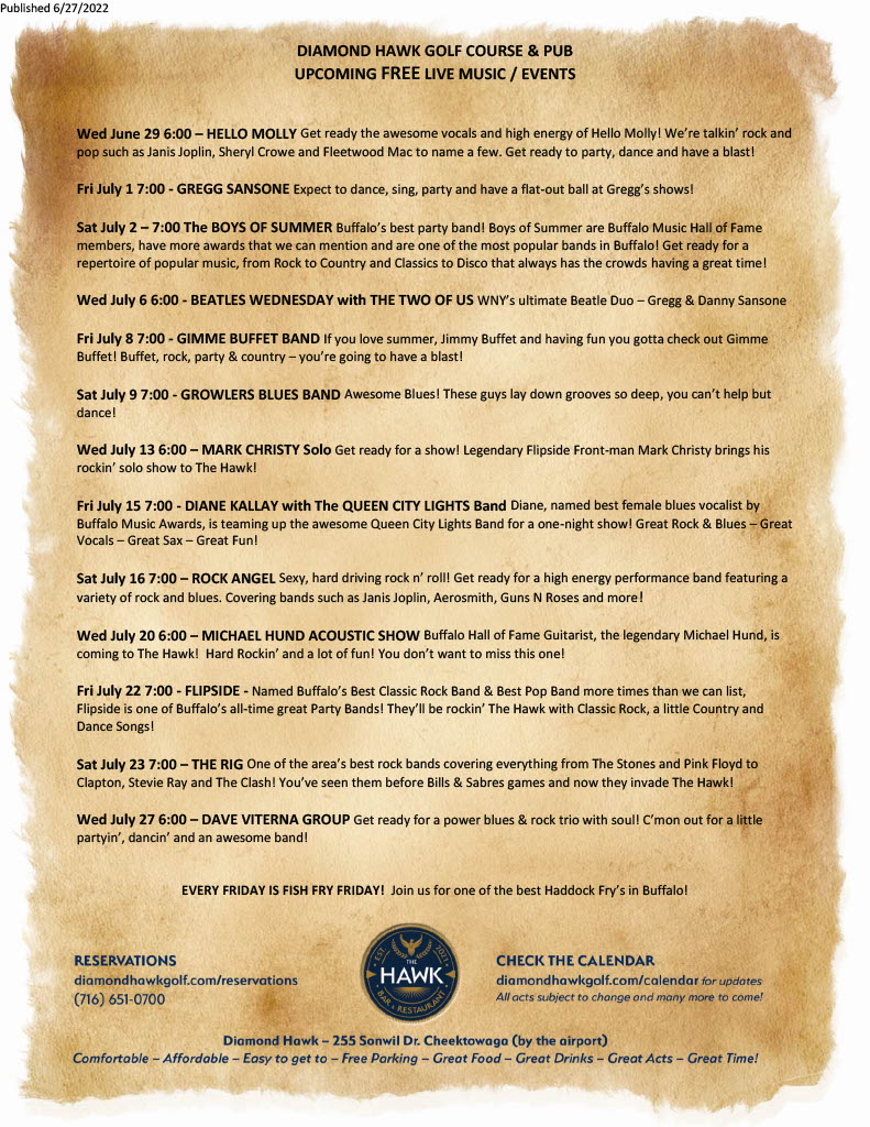 Check out this list of upcoming FREE live music events at Diamond Hawk!  BOYS OF SUMMER SATURDAY! - reserve a table soon, it fills up fast! diamondhawkgolf.com/reservations 716 651-0700 255 Sonwil Dr. Cheektowaga by the airport